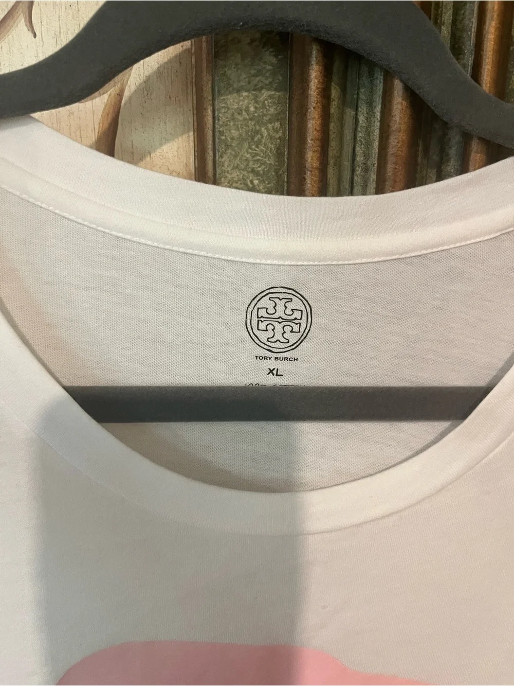 Tory Burch White Short Sleeve Tee with Black Logo and Pink Graphic